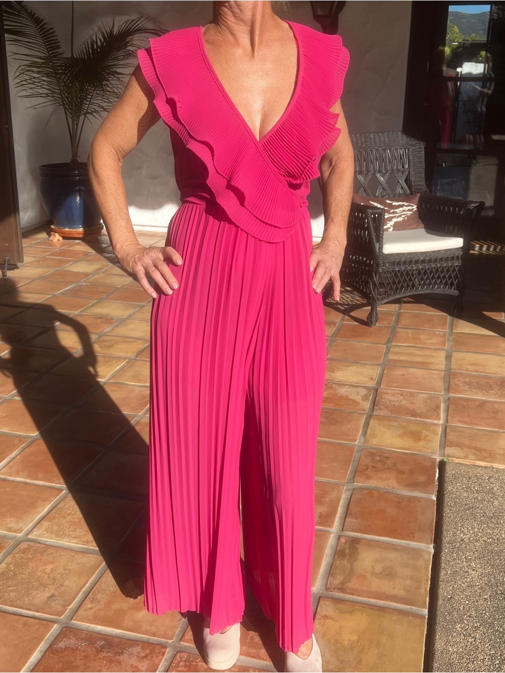 Pleated Ruffle V-Neck Jumpsuit - Bright Pink